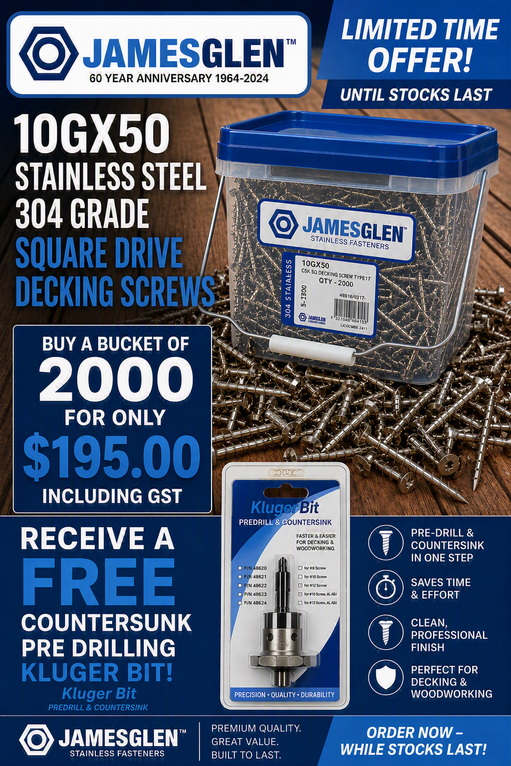 10Gx50 Stainless Steel 304 Grade Square Drive Decking Screws. (Bucket of 2000 pcs)