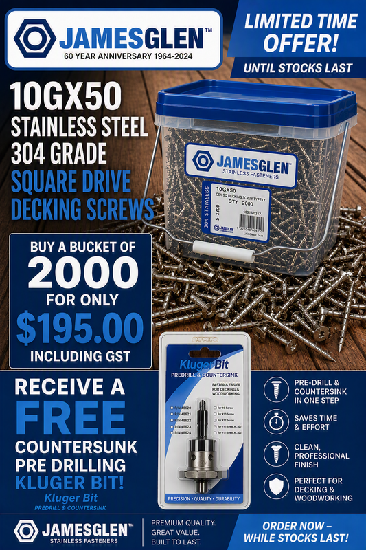 10Gx50 Stainless Steel 304 Grade Square Drive Decking Screws. (Bucket of 2000 pcs)