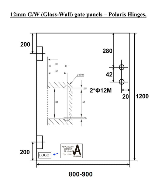 EnduroShield Clear Toughened Wall - Glass Polaris Gate 12mm (T) x 1200mm (H)